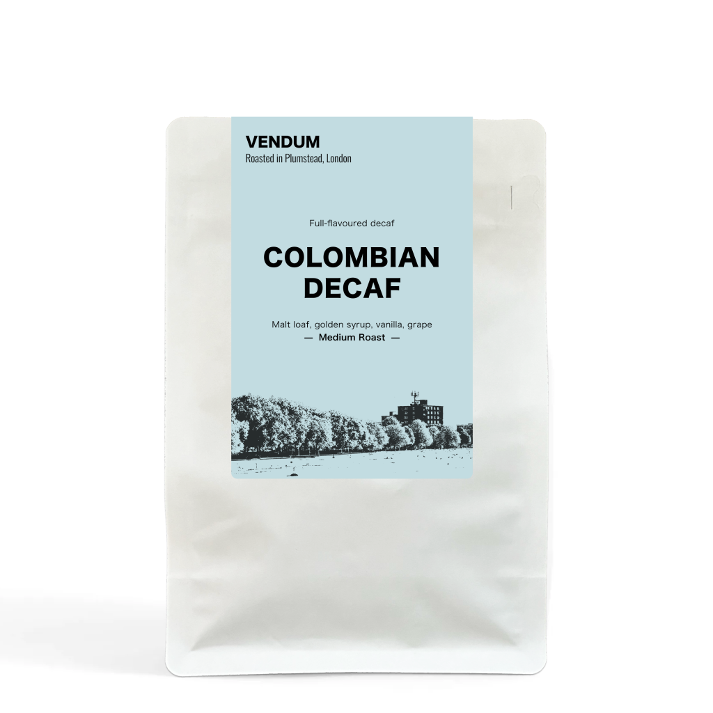 Vendum Colombian Decaf coffee beans 500g, pale blue label – sugarcane process medium roast with malt loaf, golden syrup, vanilla, grape