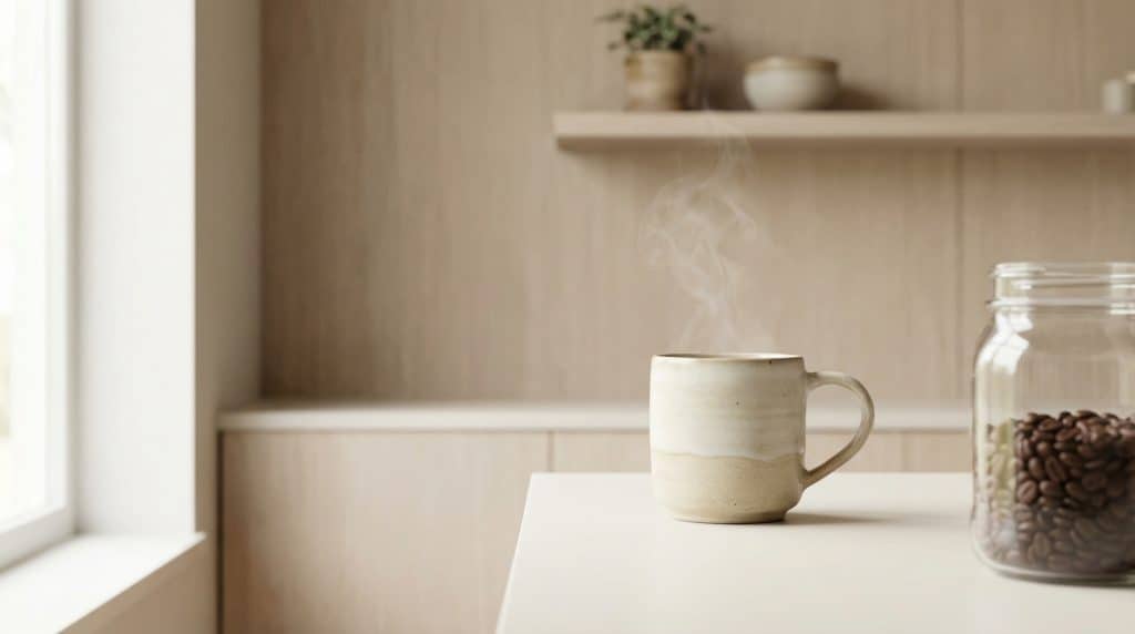 Enjoy at home โ calm kitchen moment Create a 16:9 hero banner image showing a calm home coffee moment. Straight-on, front-facing view of a simple kitchen counter with a single ceramic mug of coffee in the centre, gentle steam rising. Next to it is a glass jar or low bowl partially filled with coffee beans, slightly out of focus so they donโt look like a product shot. The background is a soft, Japandi-style wall with a hint of wooden panelling or a simple shelf, all in light neutral tones. Natural daylight from the front, soft shadows, relaxed atmosphere. No coffee bags, no branded equipment, no visible text or numbers on anything. Photorealistic, uncluttered, with generous empty space to one side for website text overlay.