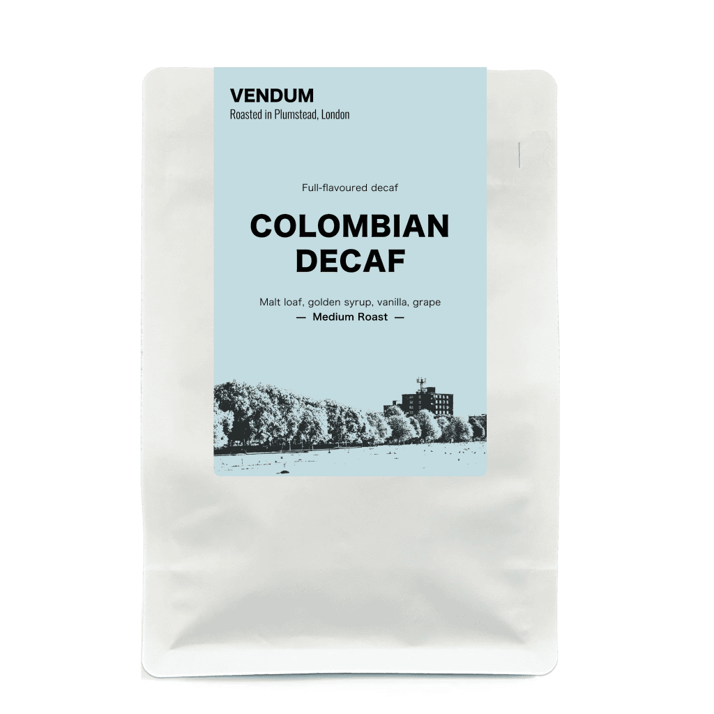 VENDUM Coffee home 13 Vendum Colombian Decaf coffee beans 500g, pale blue label – sugarcane process medium roast with malt loaf, golden syrup, vanilla, grape