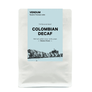 Vendum Colombian Decaf coffee beans 500g, pale blue label – sugarcane process medium roast with malt loaf, golden syrup, vanilla, grape