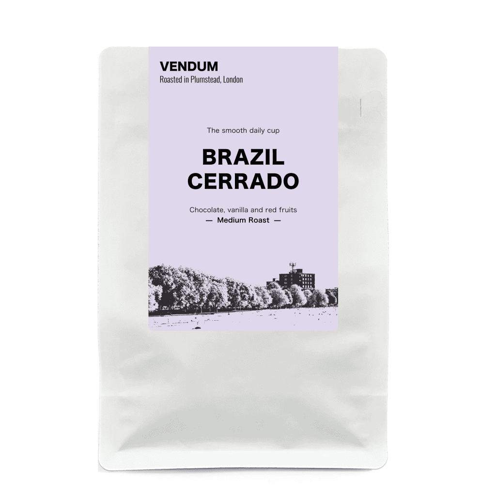 VENDUM Coffee home 11 Vendum Brazil Cerrado coffee beans 500g, pale purple label – smooth medium roast with chocolate, vanilla and red fruits